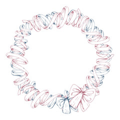 Red indigo textile ribbon serpentine streamer swirl, sewing craft embroidery supplies. Hand drawn ink vector illustration. Frame wreath isolated on white background. Design atelier, tailor, hobby shop