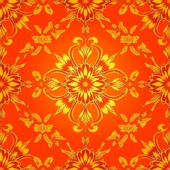 Golden Floral Damask Pattern: Luxurious seamless pattern of intricate golden floral designs on a vibrant red background. Perfect for adding a touch of elegance and sophistication to your projects. 