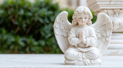 Praying cherubic angel statue, serene, peaceful.