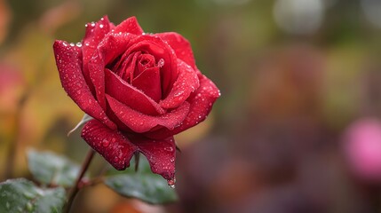 A single red rose with raindrops on its petals, macro shot, Fresh style