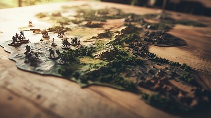 Close-up of detailed military strategy map with miniature soldiers and terrain models on wooden table for tactical planning and battlefield simulation.