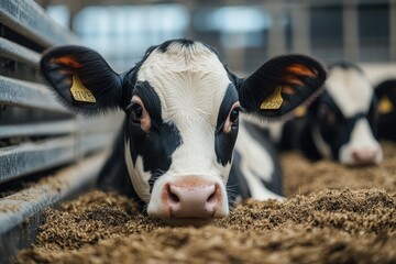 Curious dairy cow resting in barn: a glimpse into modern farming