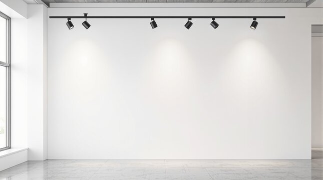 Minimalistic interior with white walls and black track lighting system in a bright room.