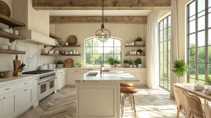Modern rustic kitchen with large windows and natural light