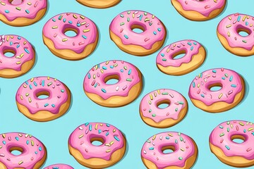 Isometric 3D Food Pattern of Pink Frosted Donuts for Bakery Posters and Café Wall Art