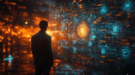Futuristic digital interface with holographic data display and person observing technology