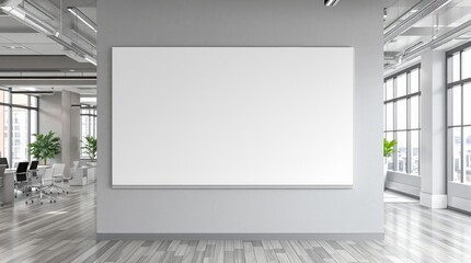 Blank whiteboard on modern office wall with large windows and plants.