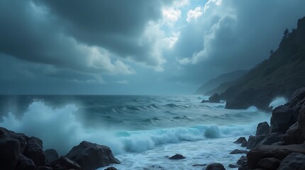 Powerful Waves Crashing Against Dark Rocks Under a Stormy Sky, Generative AI