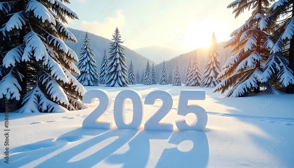 Fototapete new year 2025, a snowy winter landscape with pine trees covered in snow, with the numbers 2025 writt