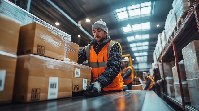 Warehouse worker managing packages efficiently in logistics center