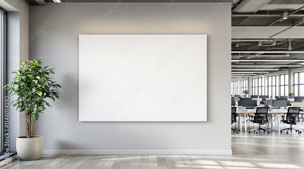 Poster blank whiteboard in modern office space with plant and open workspace in background.