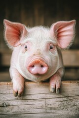 Small pig on wooden fence