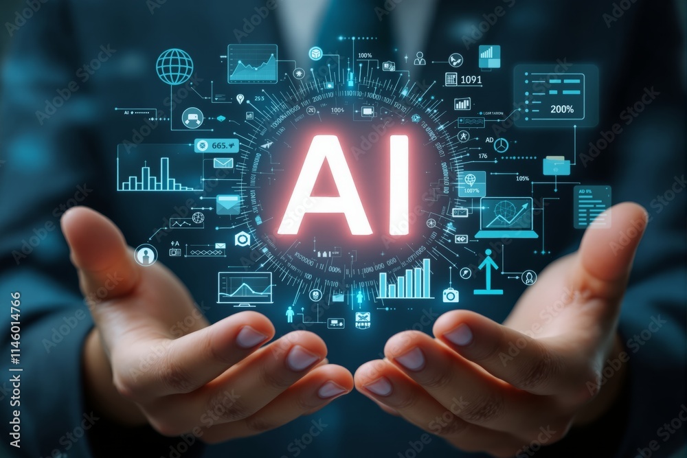 Aufkleber Hands holding glowing AI concept with data graphics and symbols in modern style.