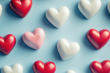 Obraz premium A collection of red and white hearts on a blue surface