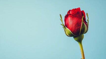 Fototapeta premium A single red rosebud against a pale blue background, macro shot, Minimalist style