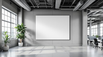 Blank white canvas on a modern industrial office wall with plants and desks.