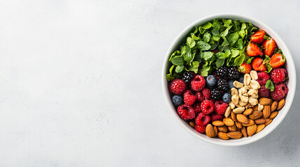 Fresh salad bowl with berries, nuts, and greens for healthy meal
