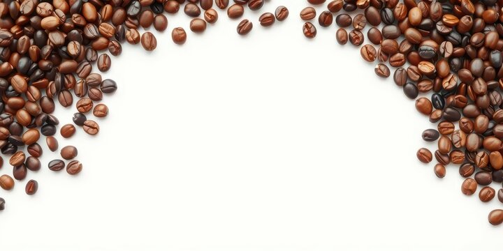 Panoramic view of coffee beans forming a border on a white background, beverage, cafe
