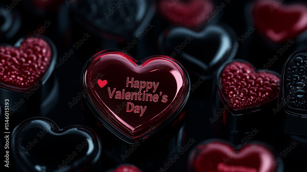 Poster a collection of heart-shaped chocolates in various textures and shades of red. one prominently featu