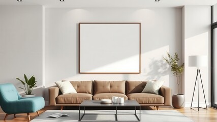 A modern living room with a stylish wall art mockup in a sleek frame, design, decor, stylish