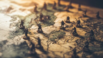 Obraz premium Close-up of detailed military strategy map with miniature soldiers and terrain models on wooden table for tactical planning and battlefield simulation.