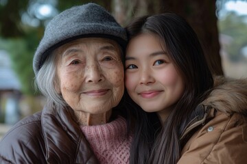 Fototapeta premium A woman with a gray hat and a young girl with a pink sweater hug each other
