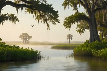 Panoramic photograph of bog landscape in a misty morning with sunrise. 
