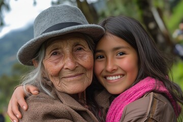 Fototapeta premium A woman with a gray hat and a young girl with a pink sweater hug each other