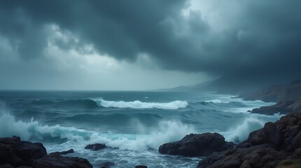 Fototapeta premium Powerful Waves Crashing Against Dark Rocks Under a Stormy Sky, Generative AI