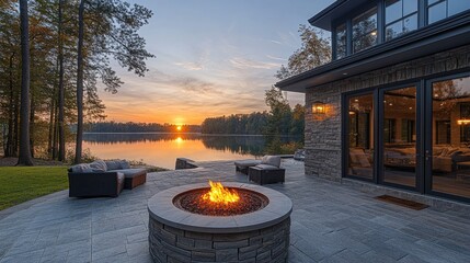 Outdoor gathering spot with a cozy fire pit and serene lake view