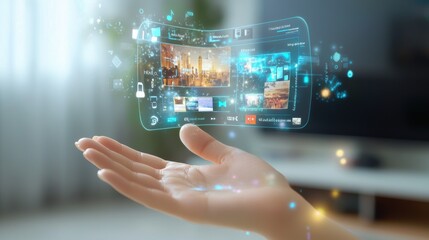 A hand holding a tablet with a screen that is displaying a video. Generative AI