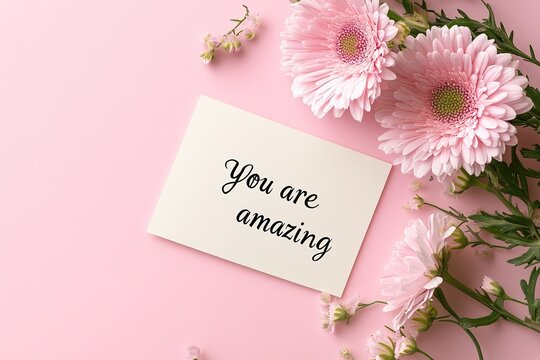 Inspirational card with "You are amazing" among pink flowers on pastel background.