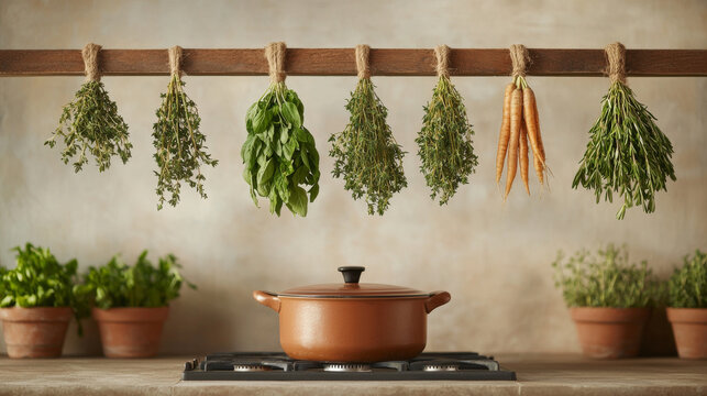 Fresh herbs and vegetables hanging in rustic kitchen setting