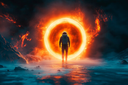 Astronaut on alien planet in front of spacetime portal light. Science fiction universe exploration.