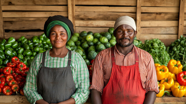 Fresh produce vendors smiling in vibrant market with colorful vegetables