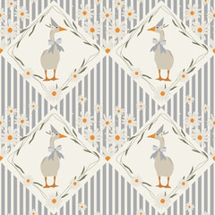 Geese in birthday hat, bow and daisies - vector seamless pattern for textile design, wrapping paper, scrapbook paper. Perfect for birthday party