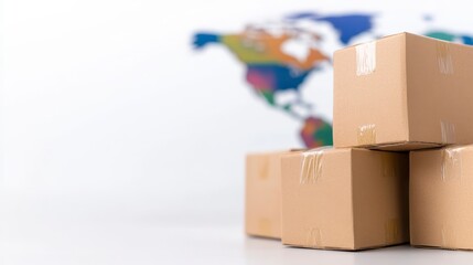 A stack of cardboard boxes in front of a colorful world map, symbolizing shipping, logistics, and global trade.