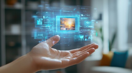 A hand holding a blue screen with a picture of a person and a tree. Generative AI