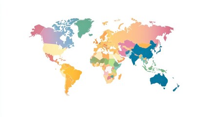 A colorful, minimalist world map displaying continents in soft pastel hues, ideal for educational or decorative purposes.