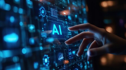 Obraz premium A hand is pointing at the word AI on a computer screen. Generative AI
