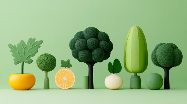 A whimsical arrangement of colorful, stylized fruits and vegetables against a green backdrop, showcasing a playful take on nature.