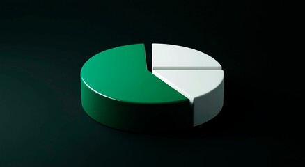 3D rendering of a pie chart with green and white sectors on a dark background, in digital data visualization style, with a simple minimalistic design.
