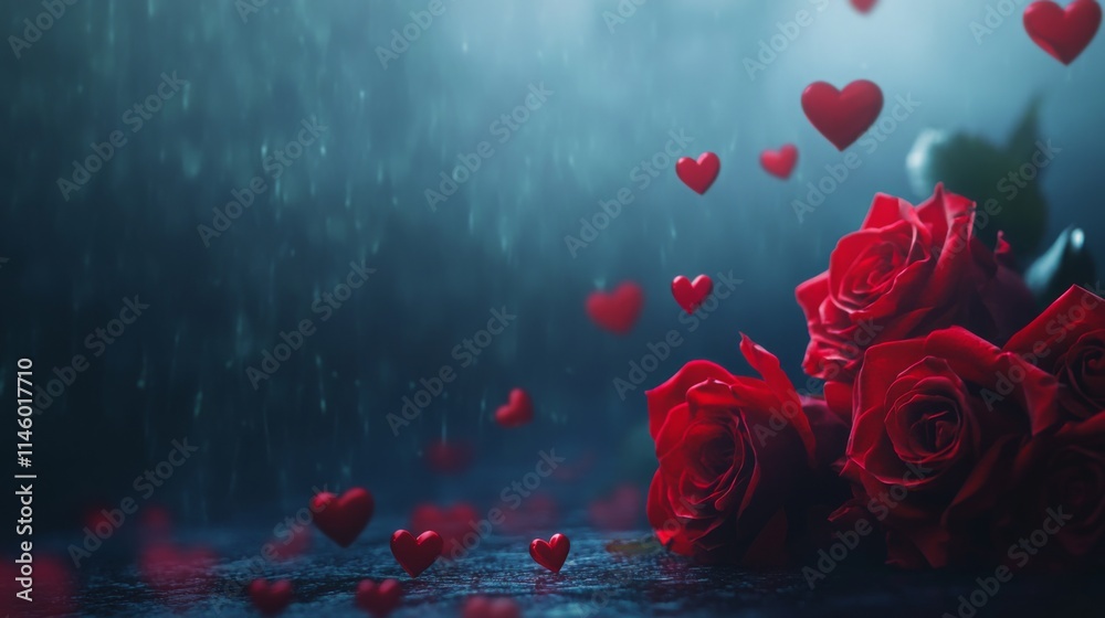 Poster Deep red roses sit serenely on a wet surface while delicate heart shapes float softly down from above. The dark ambiance creates a romantic and mysterious mood, enhanced by gentle rain.