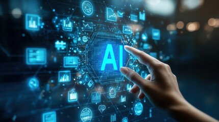 A hand is pointing at the word AI on a computer screen. Generative AI