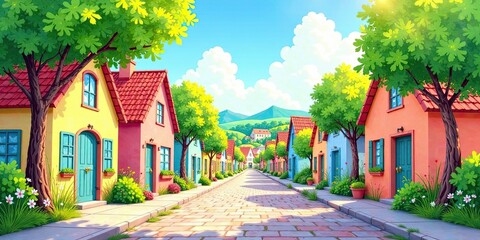 Fototapeta premium A Sunny Street in a Picturesque Village with Colorful Houses and Lush Greenery