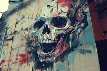 Fototapeta premium A skull painted on a city building wall, with bold brushstrokes and vivid colors