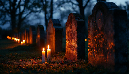 Candles illuminating gravestones at dusk