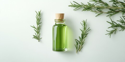 A bottle of rosemary essential oil is positioned against a clean, white backdrop, showcasing the oils vibrant hue and highlighting its aromatic benefits.