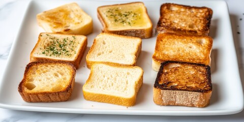 Plate with toasts beautifully arranged on a white plate, showcasing a delightful assortment of toasted bread. This plate with toasts is perfect for breakfast or brunch presentations.