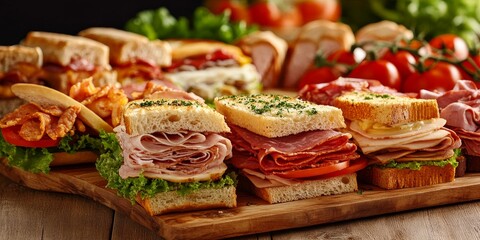 Delicious fresh sandwiches featuring a variety of meats, vegetables, and tomatoes beautifully arranged on a wooden table, showcasing the vibrant appeal of fresh sandwiches in every bite.